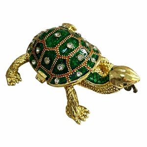 Gold & Green Crystal Turtle Trinket Box Jewelry Keepsake Hinged Lid